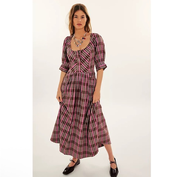 Free People Dresses & Skirts - NEW Free People Tulie Plaid Midi Button Front Puff Sleeve Dress Pink Brown Combo
